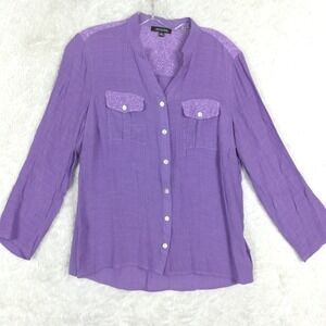Notations Womens Shirt Blouse Button Up Lace Shoulder Purple Roll Tab Sleeve S